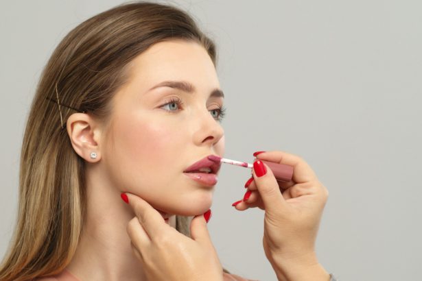 Makeup artist or stylist applies lipstick to the lips of the female model. Applying lipstick.
